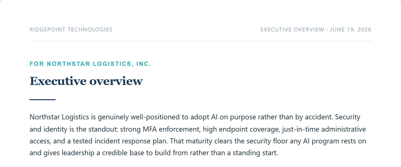 The executive overview page of the readiness report